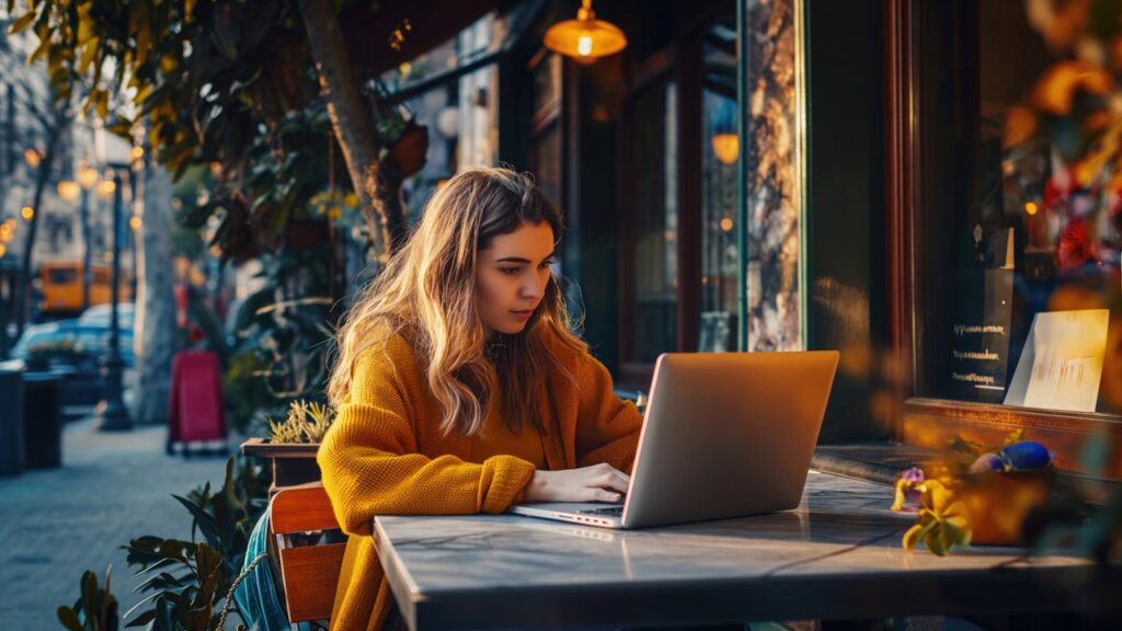 Making Money Through Blogging concept – girl creating blog post on laptop
